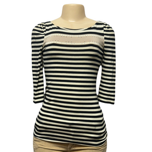 White House Black Market Fitted Ribbed Blouse Black and White